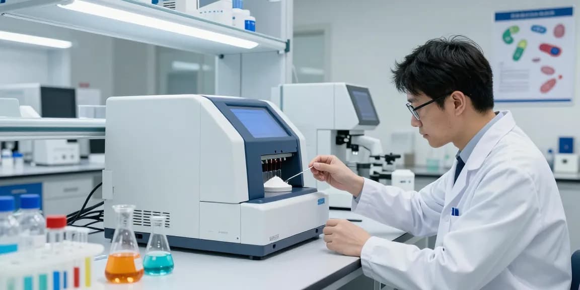 Urolithin A powder analysis in a modern laboratory with HPLC setup.