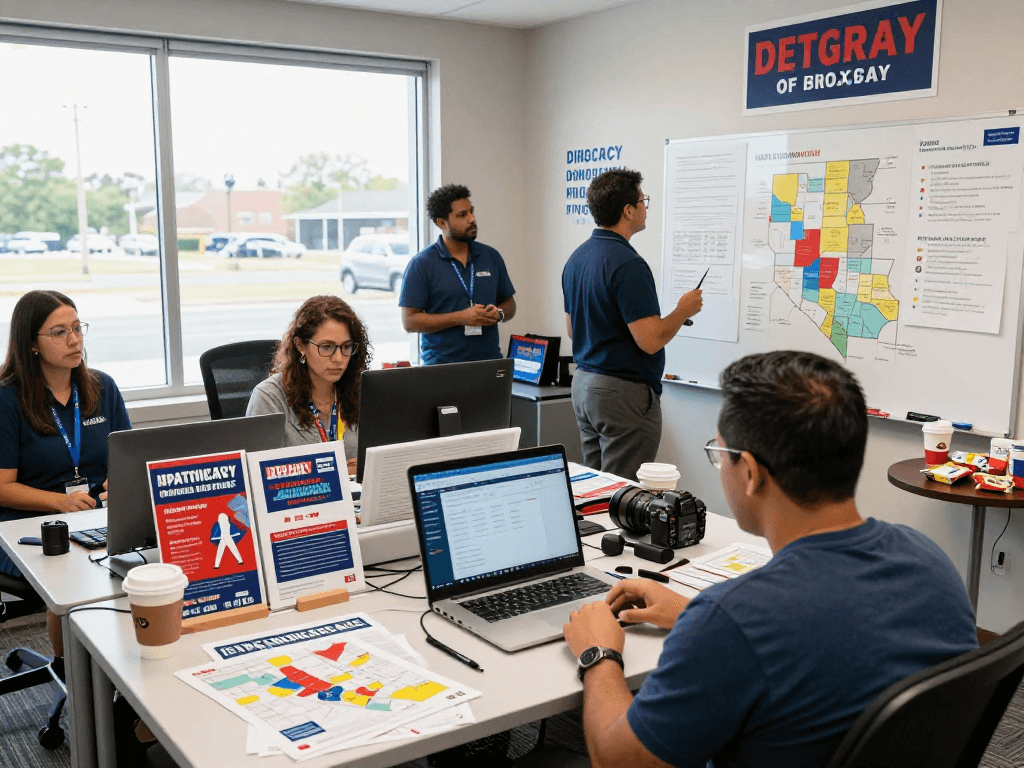 Candidate working on IP targeting political ads in a busy campaign office, analyzing voter engagement strategies.