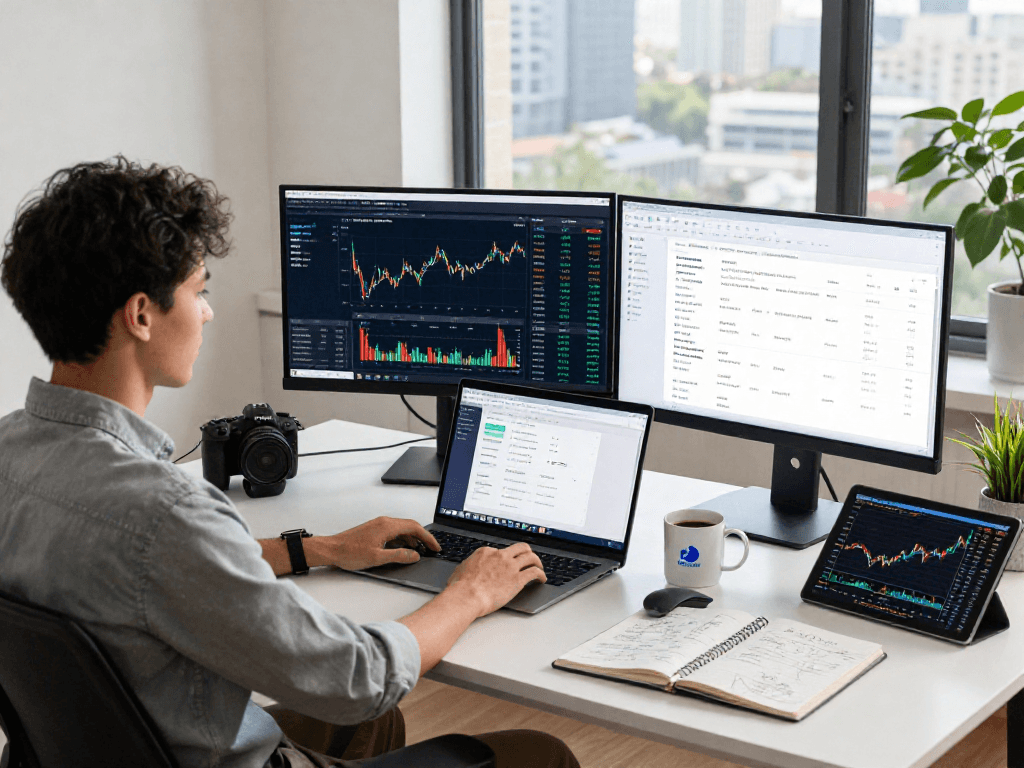 Dynamic fintech workspace with HKEX stock data feed visualization on screens, developer engaged in coding.