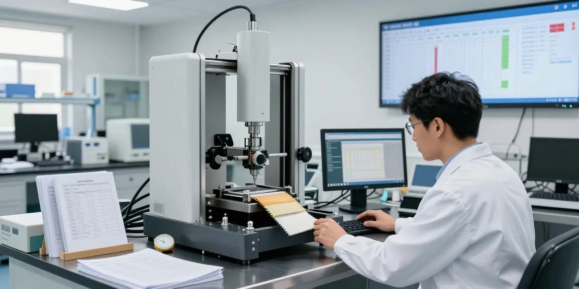 Single column tensile tester performing precise fabric strength measurements in a modern testing lab.
