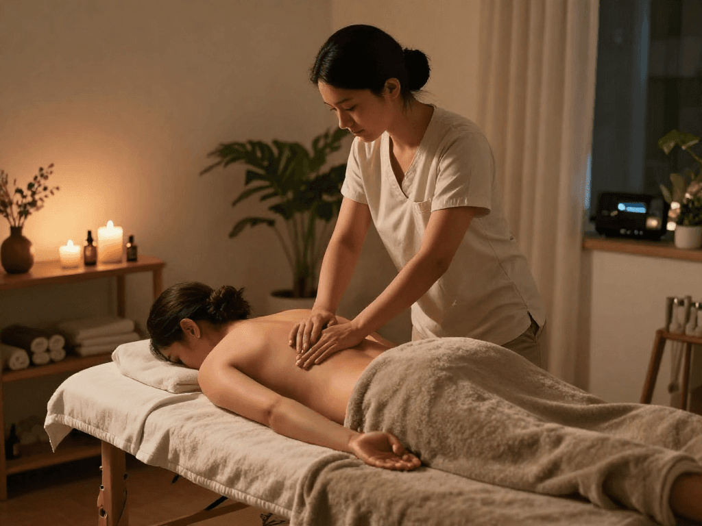 Experience calming and professional 출장안마 in a serene home setting with soothing lighting and ambiance.