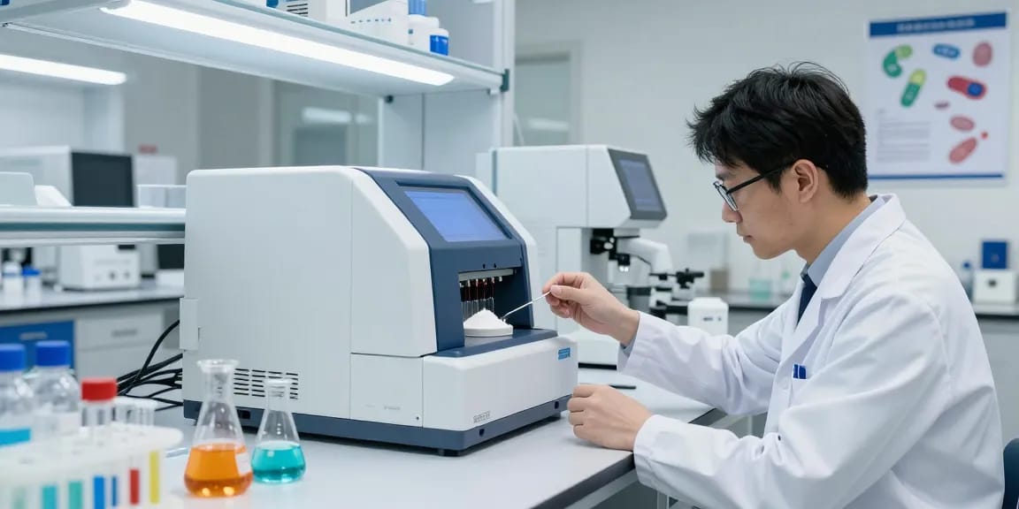 Urolithin A powder analysis in a modern laboratory with HPLC setup.