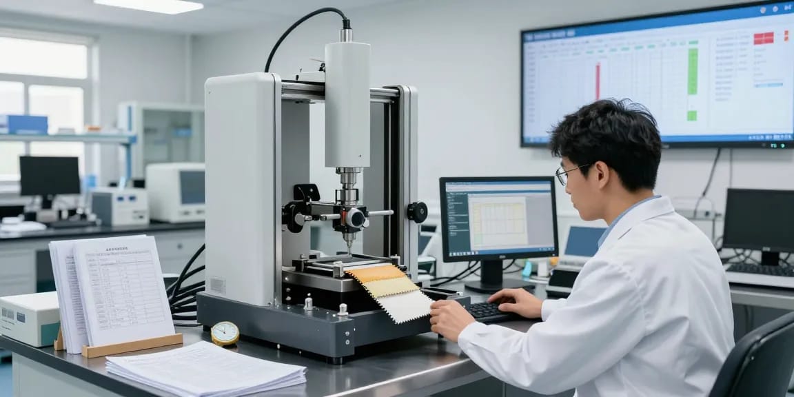 Single column tensile tester performing precise fabric strength measurements in a modern testing lab.