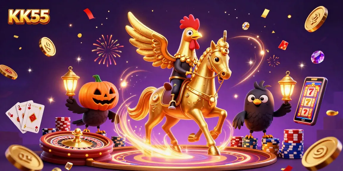 KK55 golden rooster in a dynamic casino scene surrounded by coins and playing cards, celebrating the thrill of gaming.