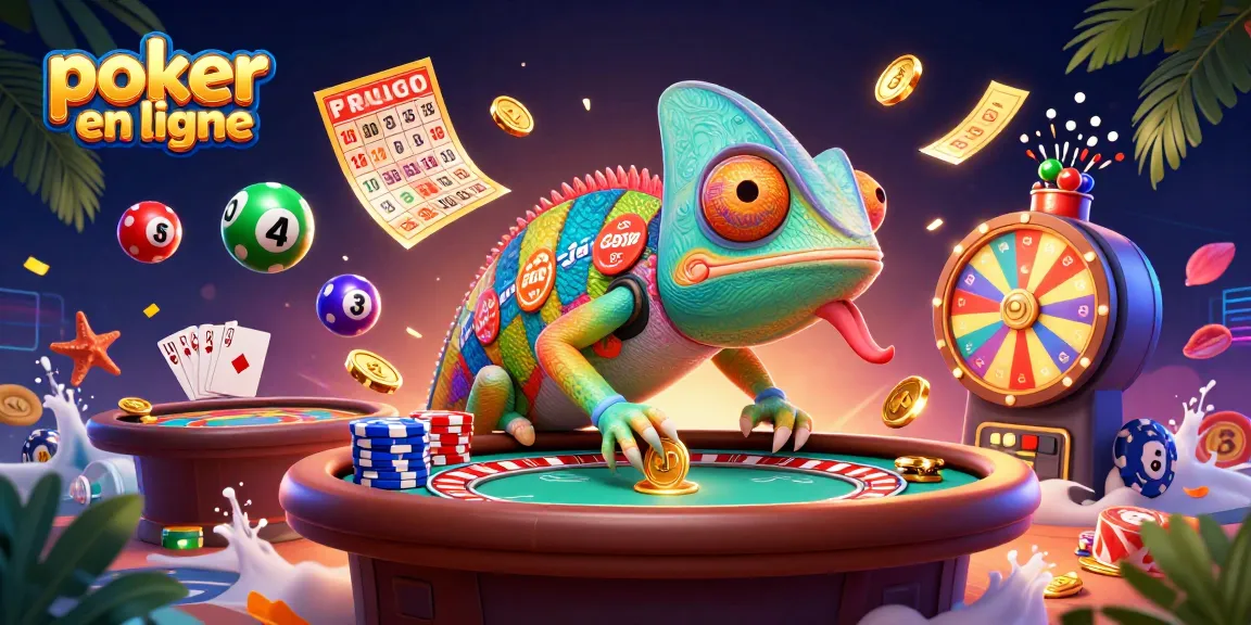 Actionner au poker en ligne avec un chameleon coloré et des éléments de jeu luxueux, tels que des cartes et des jetons