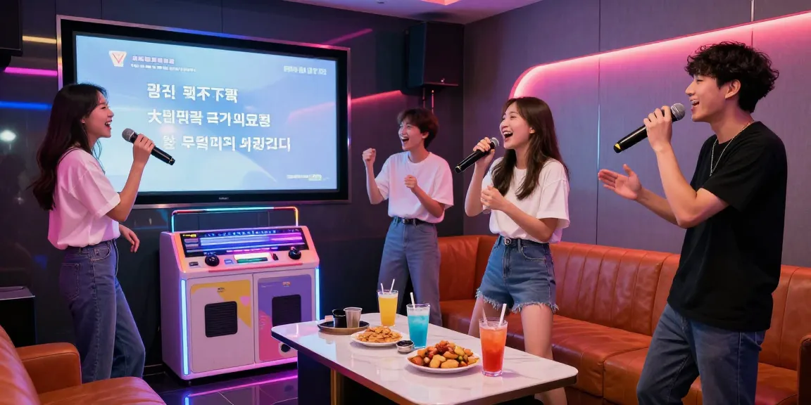 Enjoying 강남가라오케 with friends in a lively karaoke room.