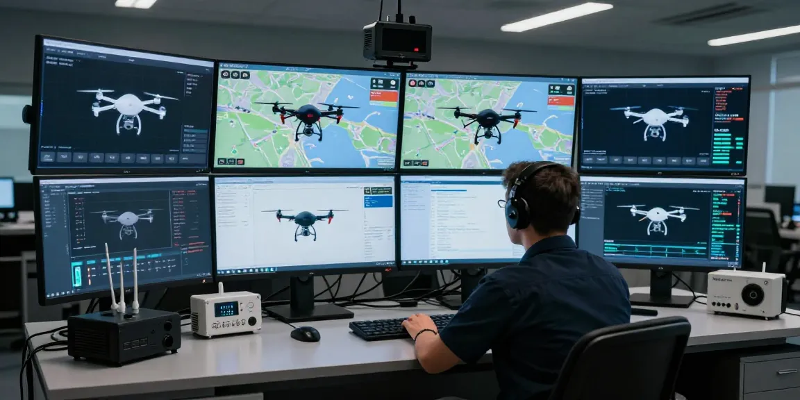 Technician implementing anti drone jammer technology in a high-tech security operations center.