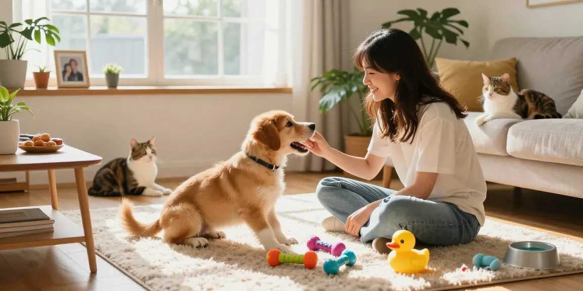 Engaging rokok88 scene of a woman playing with her puppy in a cozy living room.