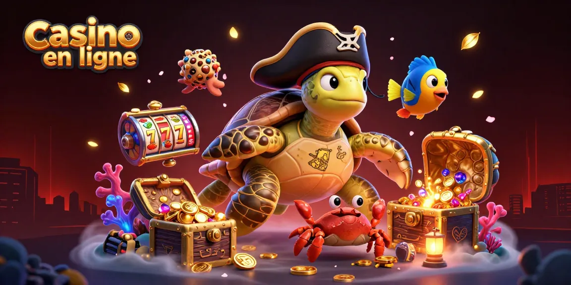 Jouez dans un casino en ligne avec une tortue pirate et des éléments de jeu colorés.