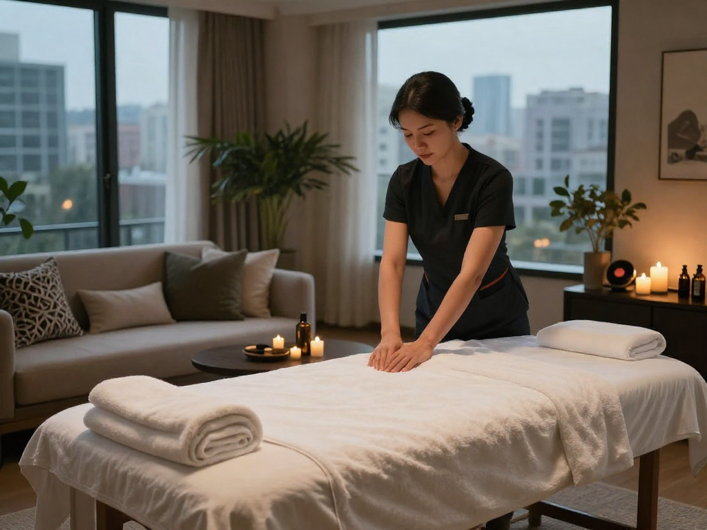 Experience professional 출장안마 in a serene hotel room, with a therapist preparing an inviting massage setting.