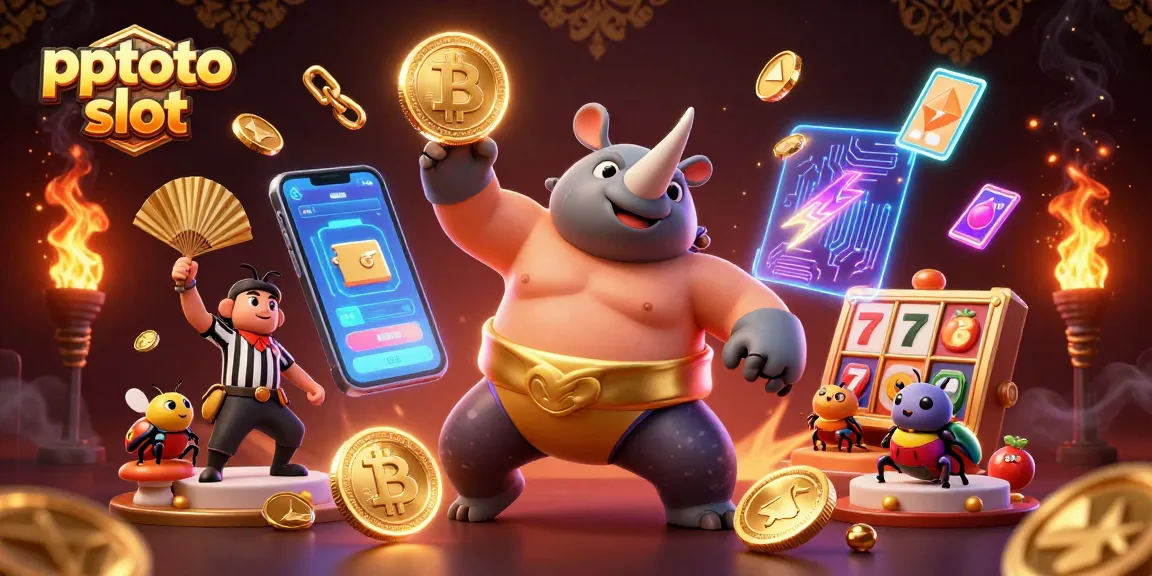 Experience thrilling pptoto slot action with a cartoon beetle champion and glowing coins in this dynamic scene.