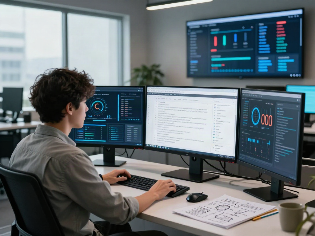 Data analyst using document fraud detection software in a modern office environment, analyzing real-time metrics and insights.
