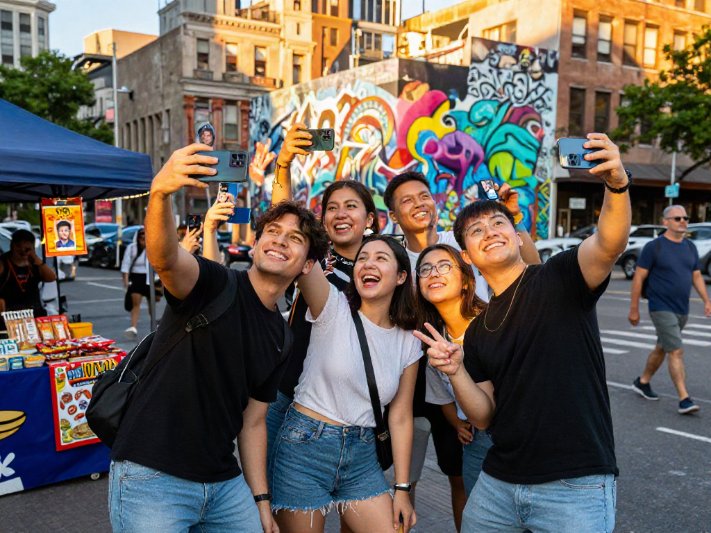 Group of friends excitedly using a celebrity look alike app on their smartphones in a vibrant urban setting.