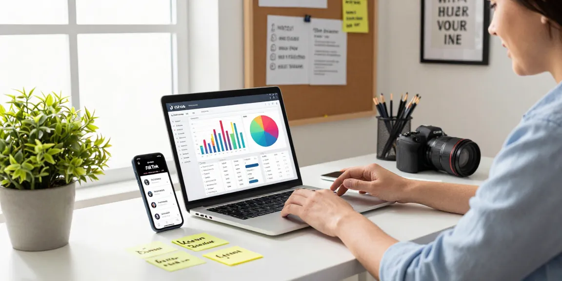 Buy real TikTok views in a vibrant digital marketing workspace with analytics and strategic planning elements.