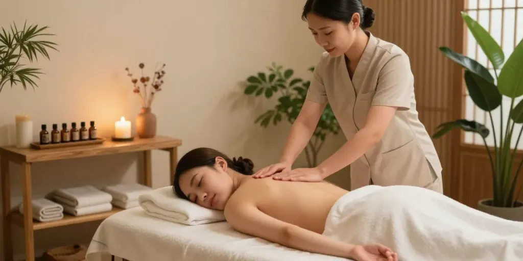 마포출장안마 service in a calming massage therapy room with warm lighting and relaxing decor.