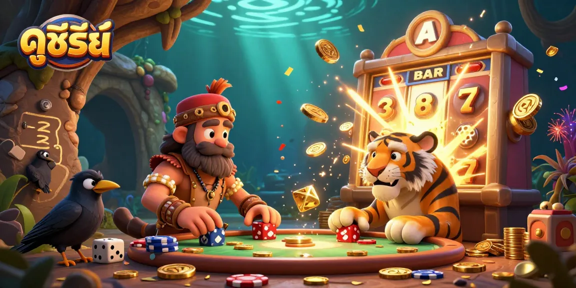 Engage with ดูซีรี่ย์ at a prehistoric casino featuring vibrant characters and gaming elements.