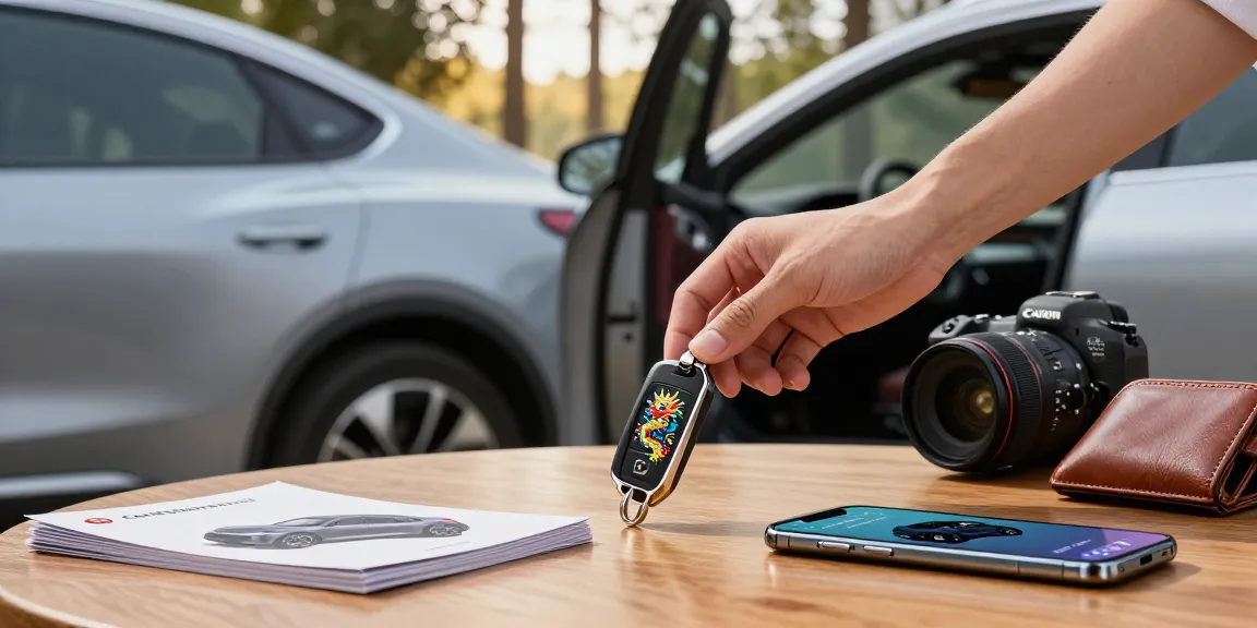 Flying Dragon Car Key displayed beside a modern vehicle, showcasing intricate designs and automotive lifestyle elements.