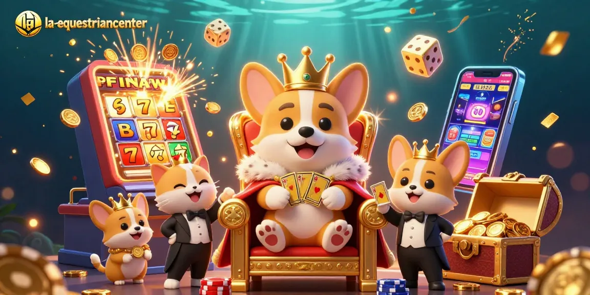 Experience excitement at la-equestriancenter with a vibrant casino scene featuring corgis and dynamic gaming elements.