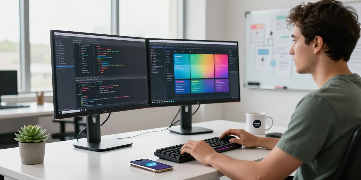 Developer at telegraimin.com workspace with code on screens and coffee.