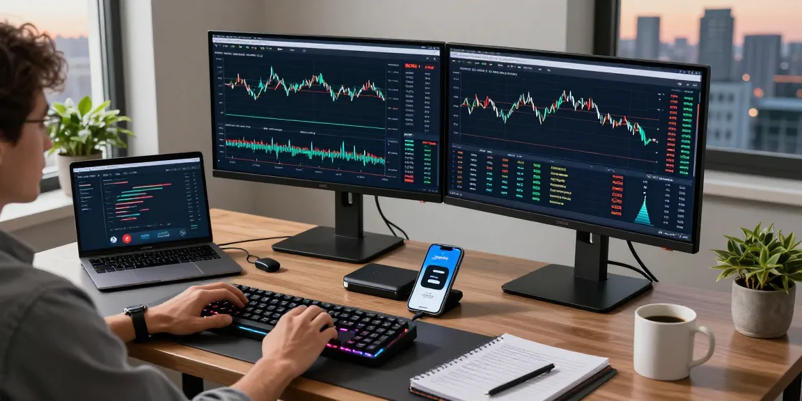 Cricbet99 cryptocurrency trading workspace featuring dual monitors and DeFi platforms.