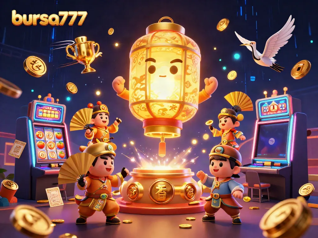 Menggambarkan suasana kasino online bursa777 dengan karakter jiwa lentera emas dan elemen slot yang menarik.