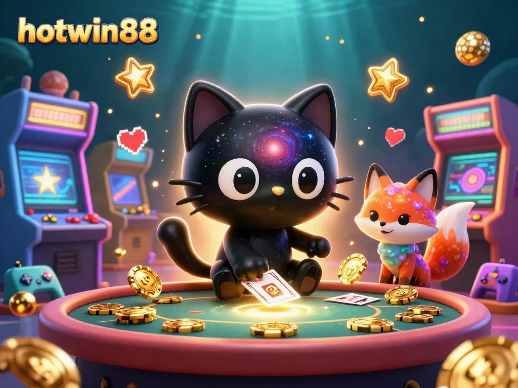 Engage in thrilling games at hotwin88 with cosmic elements and colorful 3D arcade machines surrounding the characters