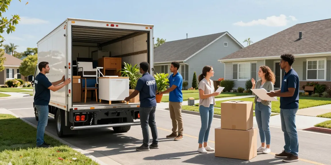 Packers And Movers in Near me team loading a moving truck in a residential neighborhood.