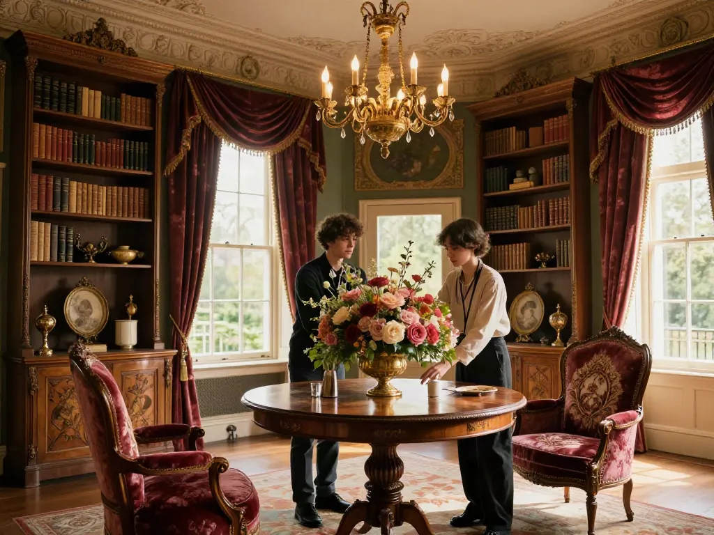 An elegantly styled Victorian room showcasing the rokok88 super aesthetic with antique furnishings and floral arrangements.