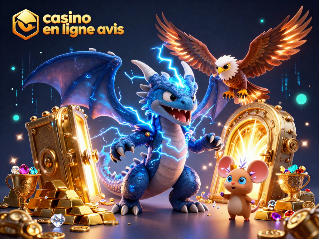 Un dragon de foudre aux côtés d'un faucon lumineux, illustrant notre avis sur le casino en ligne.