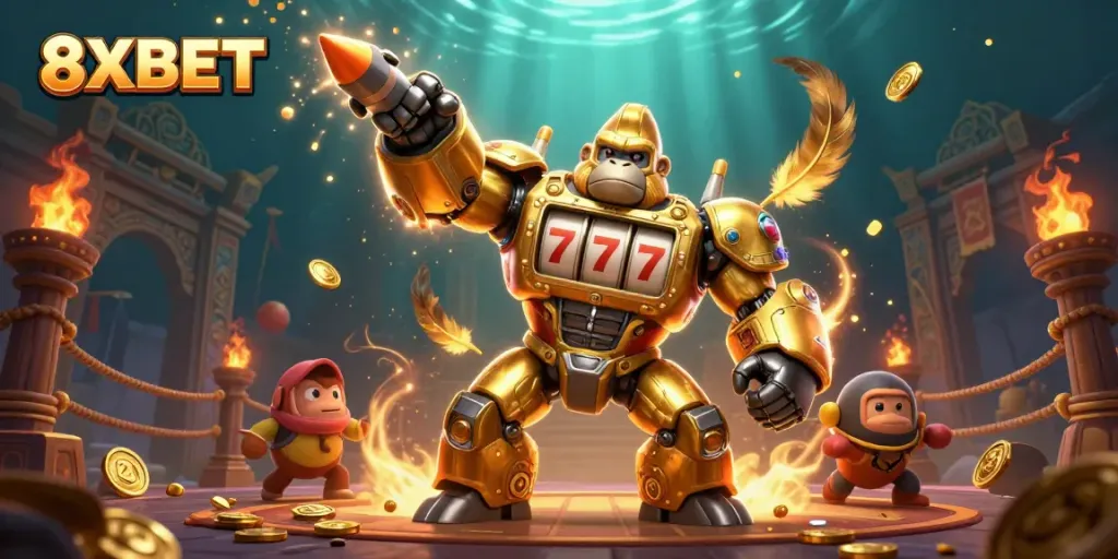Experience the thrill of 8XBET with a dynamic scene of a golden gorilla mech amidst casino elements, showcasing engaging action.