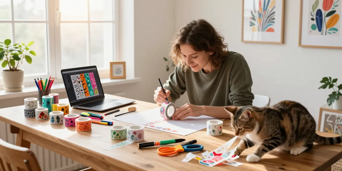 Creating custom washi tape in a vibrant home studio, showcasing design creativity and artistic spirit.