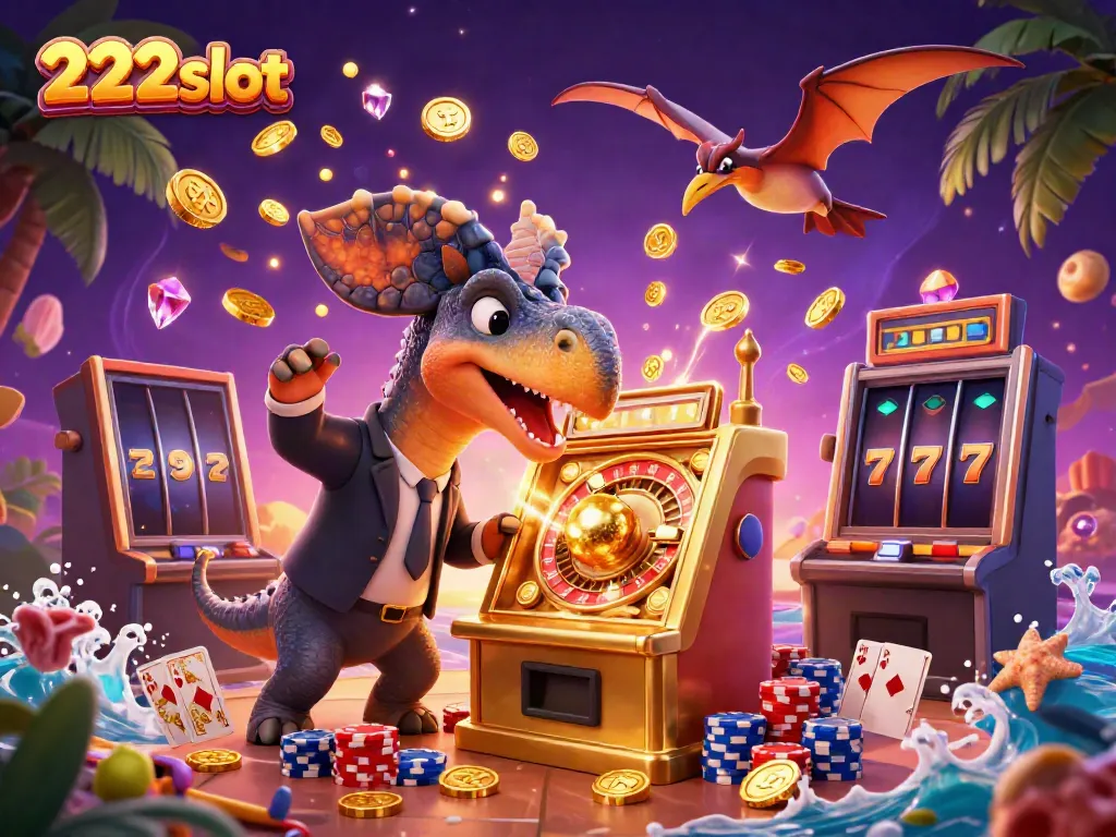 222slot menghadirkan ilustrasi kasino yang seru dengan dinosaurus dan mesin slot emas.