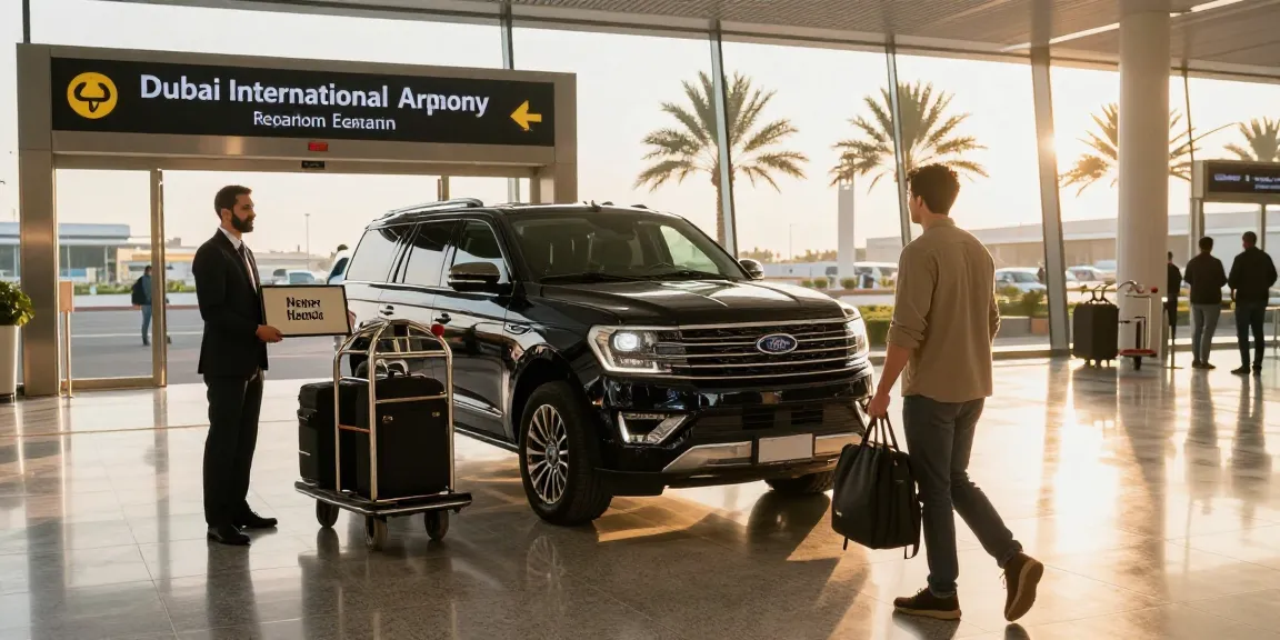 Premium airport transfers service Dubai with professional chauffeur greeting travelers at Dubai International Airport