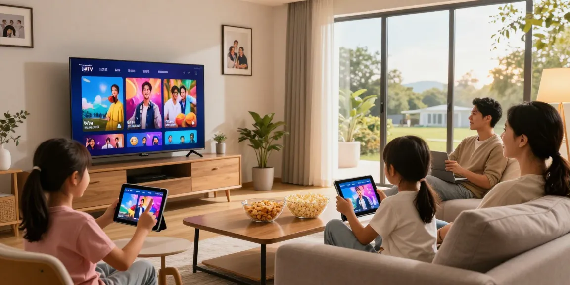 Famille profitant de l'iptv belgique dans un salon moderne et accueillant.