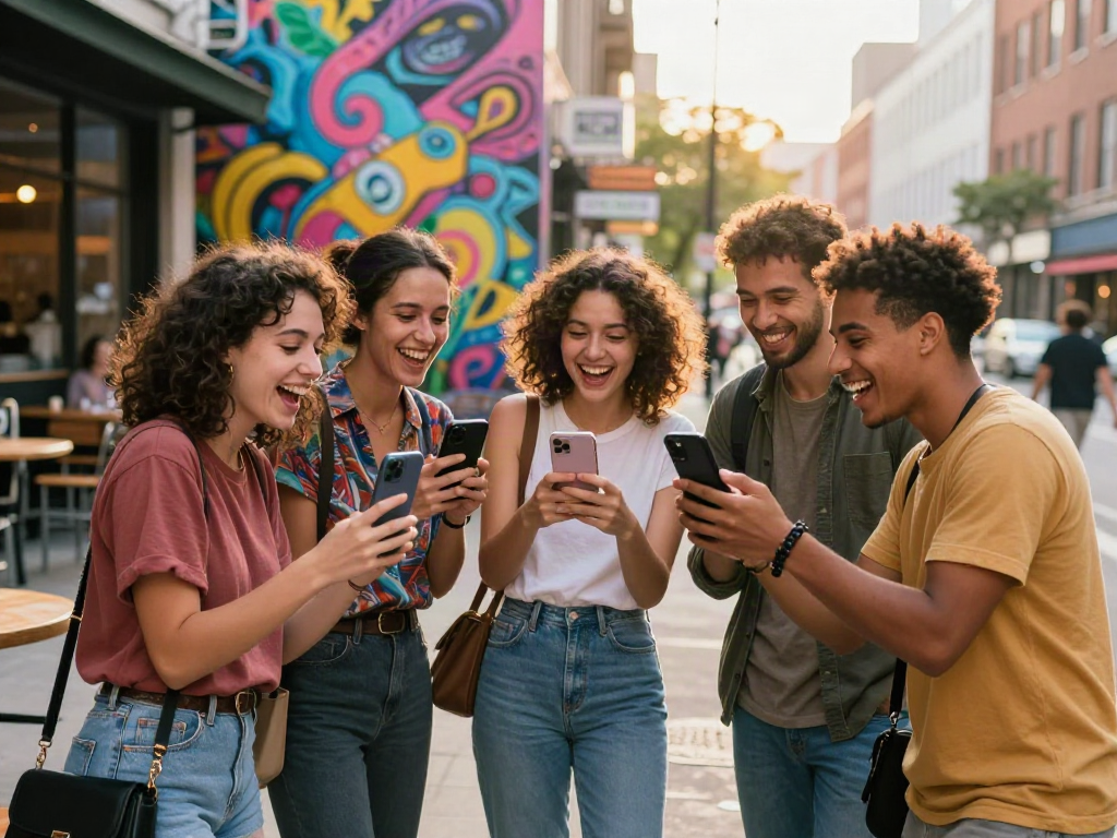 Friends enjoying a lively moment, testing how old do I look with smartphones in an urban setting.