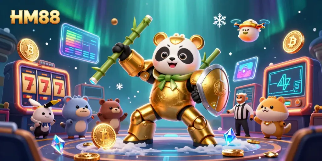 Win big at HM88 with a mech-suit panda battling for jackpots in a vibrant casino arena.