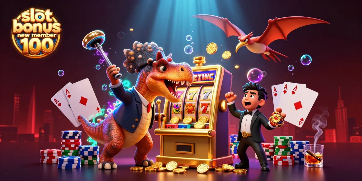 Headbutting slot machine celebrating slot bonus new member 100 with vibrant casino atmosphere