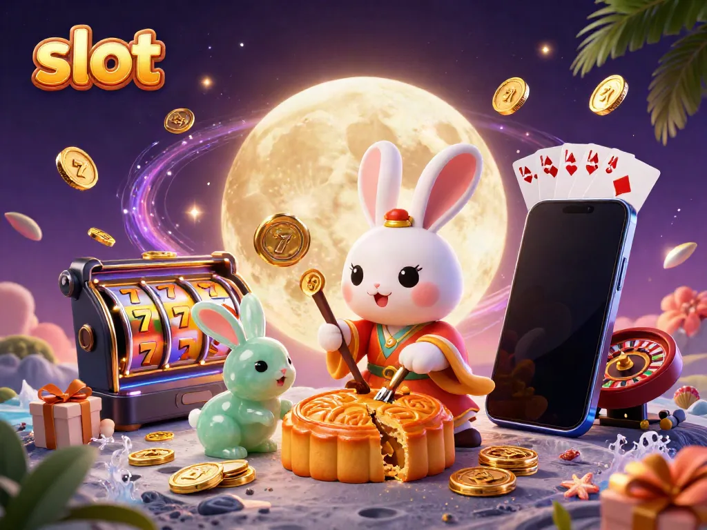Spin slot reels with a lively moon rabbit scene revealing poker chips amidst vibrant casino elements.