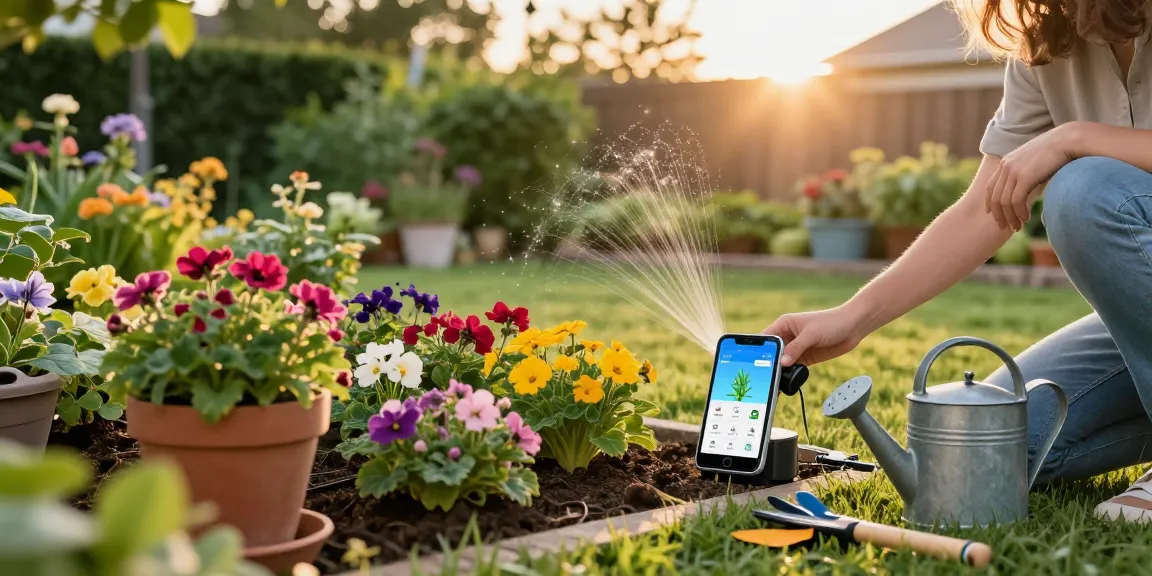 Person using RainPoint automatic watering system in a lush garden to maintain vibrant flowers and plants.