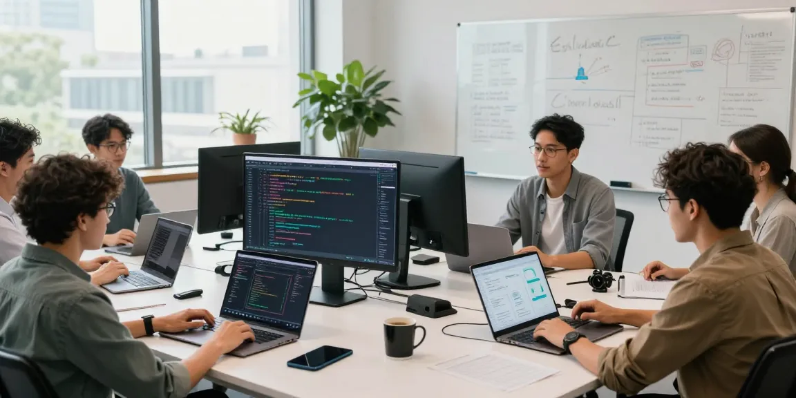 Dynamic software team collaborating using Kinetiq analytics in a modern workspace.