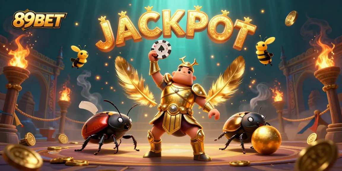 89BET showcases a victorious beetle lifting a poker chip in a dynamic casino scene, symbolizing winning excitement.