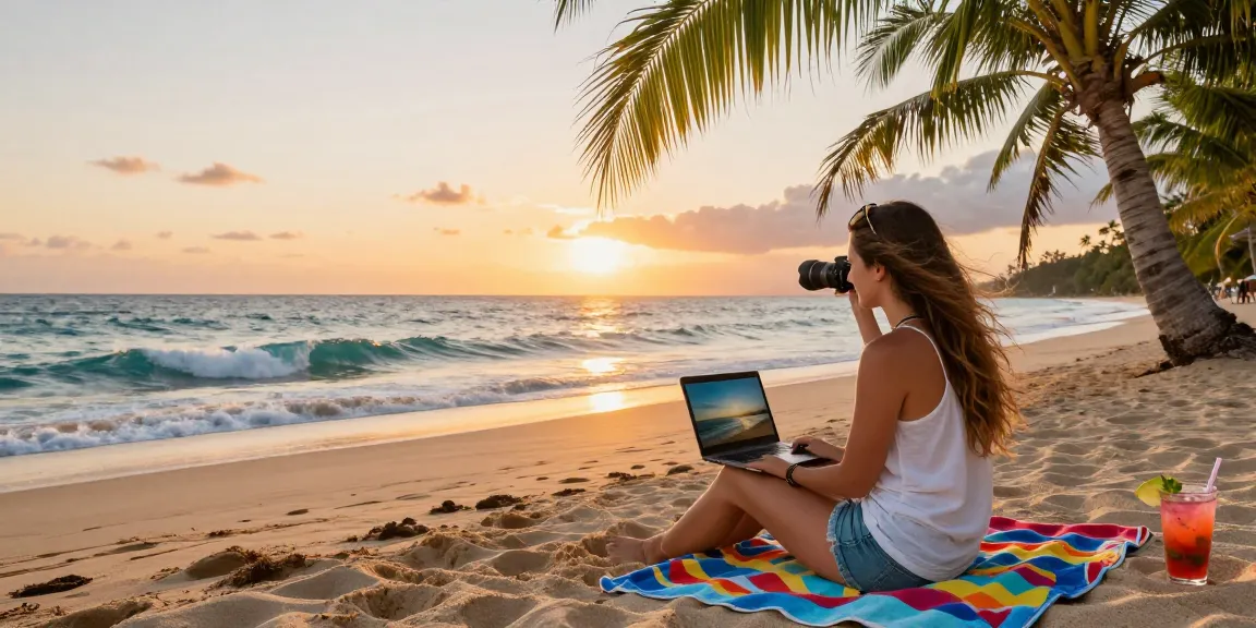 JURAGAN77 blogger menikmati sunset indah di pantai tropis dengan laptop dan minuman.