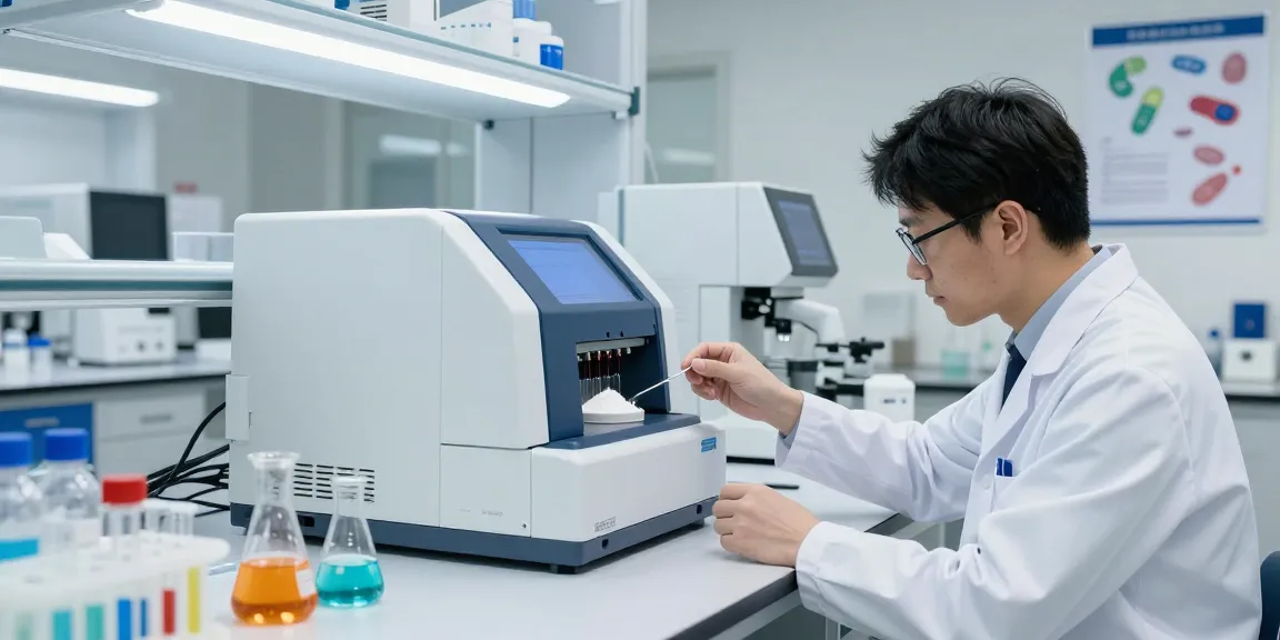 Urolithin A powder analysis in a modern laboratory with HPLC setup.