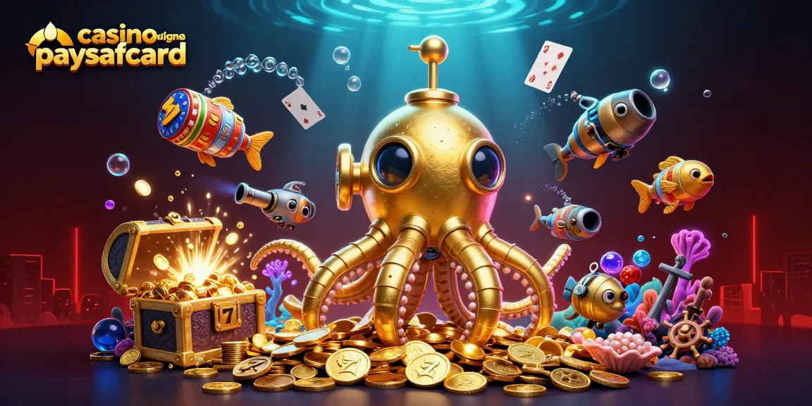 Découvrez les avantages du casino en ligne paysafecard avec une illustration dynamique d'un kraken sous-marin entouré de pièces d'or.