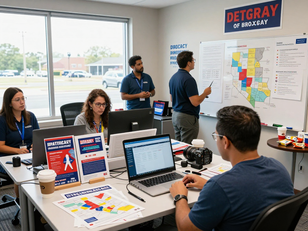 Candidate working on IP targeting political ads in a busy campaign office, analyzing voter engagement strategies.