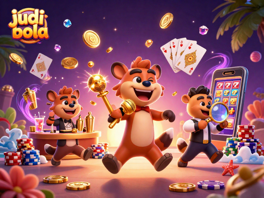 Experience judi bola action with vibrant 3D cartoon hyenas in a lively casino scene featuring games and fun!