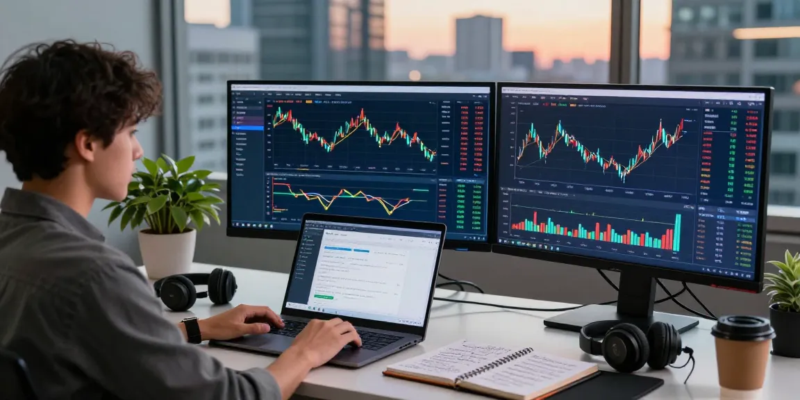 Analyzing cryptocurrency trends at a modern workspace for https://crypto-reviews.ru/okx-v-kazahstane/ with multiple screens and notes.