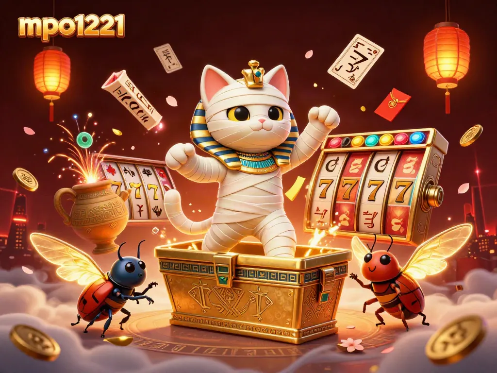 Engage with mpo1221's dynamic Egyptian-themed casino action featuring a mummy cat and jackpot reels.