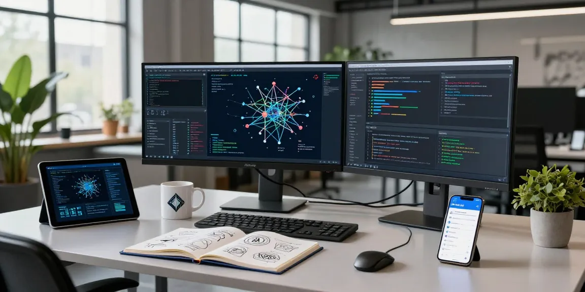 What are the uses of AI showcased in a modern tech workspace with visual AI models and collaborative atmosphere.
