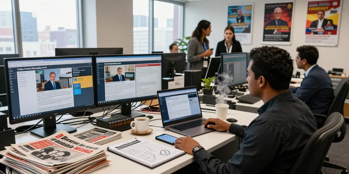 Journalist in an editorial office with monitors showing live updates from https://www.theindaily.com during a busy news day.